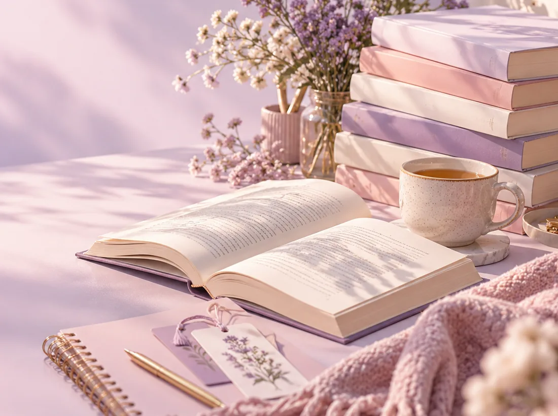 Books, tea and a cozy pastel reading setting